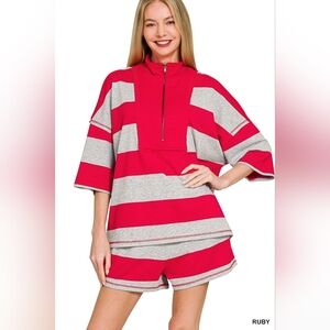 Zenana Frenchterry Striped Half Zip Top & Shorts Set
